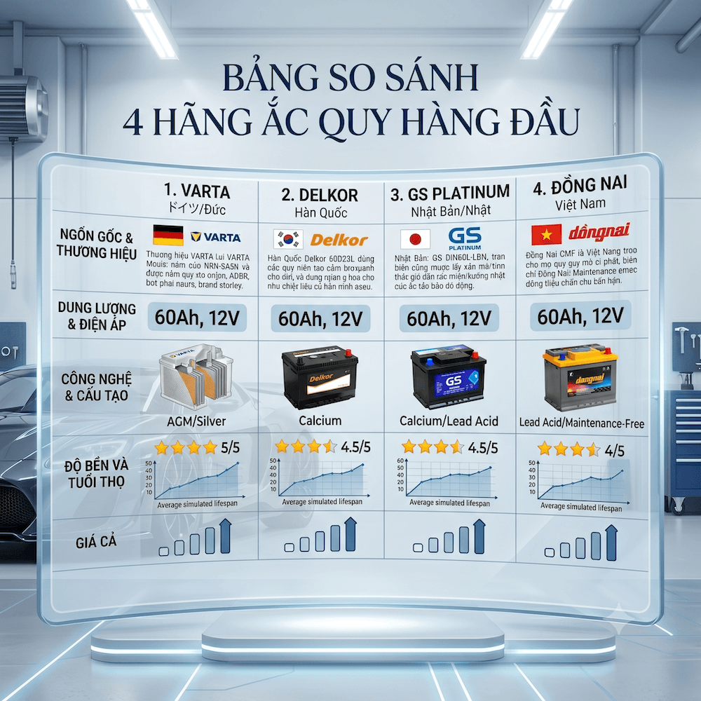 ắc quy ô tô các thương hiệu phổ biến gs varta delkor đông nai so sánh